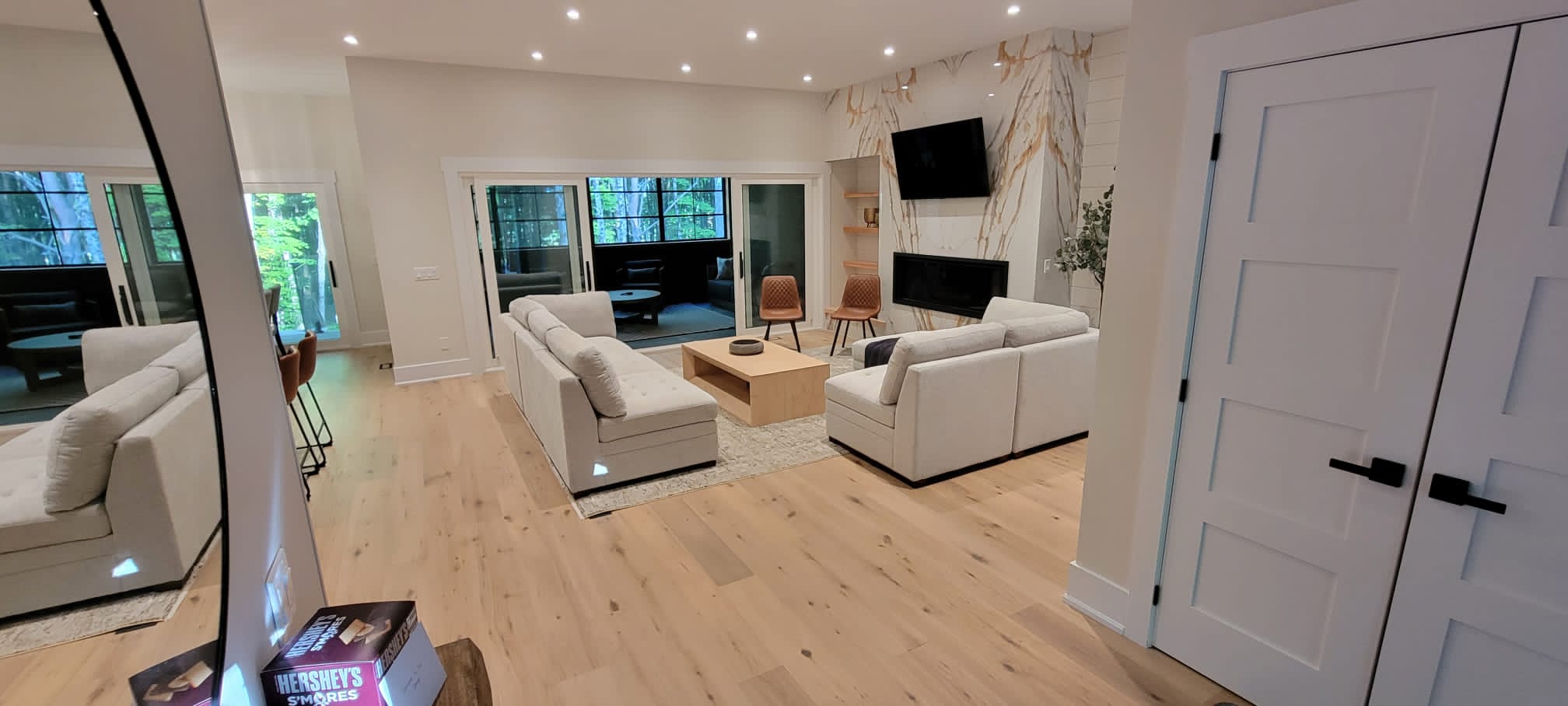 Living room with marble fireplace